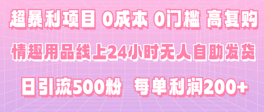 超暴利项目，情趣用品线上24小时-无人自助发货，0成本，0门槛，高复购，有手就能做，日引500粉，每单利润200+-就去找资源网