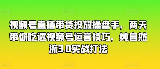 视频号直播带货投放操盘手，两天带你吃透视频号运营技巧，纯自然流3.0实战打法-就去找资源网