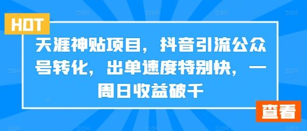 天涯神贴项目,抖音引流公众号转化,出单速度特别快,一周日收益破千-就去找资源网