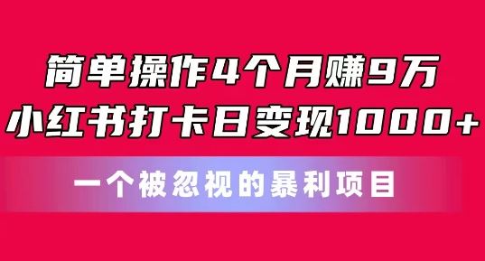 简单操作4个月赚9w，小红书打卡日变现1k，一个被忽视的暴力项目【揭秘】-就去找资源网