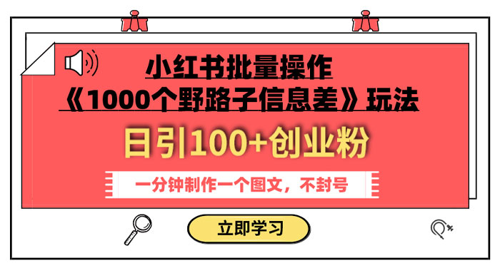 小红书批量操作《 1000 个野路子信息差》玩法，日引 100+ 创业粉，一分钟一个图文-就去找资源网