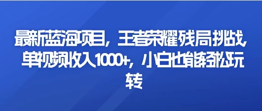 最新蓝海项目，王者荣耀残局挑战，单视频收入1000+，小白也能轻松玩转-就去找资源网