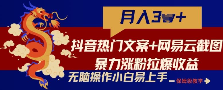抖音热门文案+网易云截图暴力涨粉拉爆收益玩法,小白无脑操作,简单易上手【揭秘】-就去找资源网