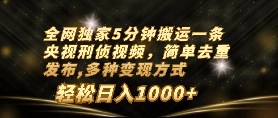 全网独家5分钟搬运一条央视刑侦视频，简单去重发布，多种变现方式，轻松日入1000+-就去找资源网