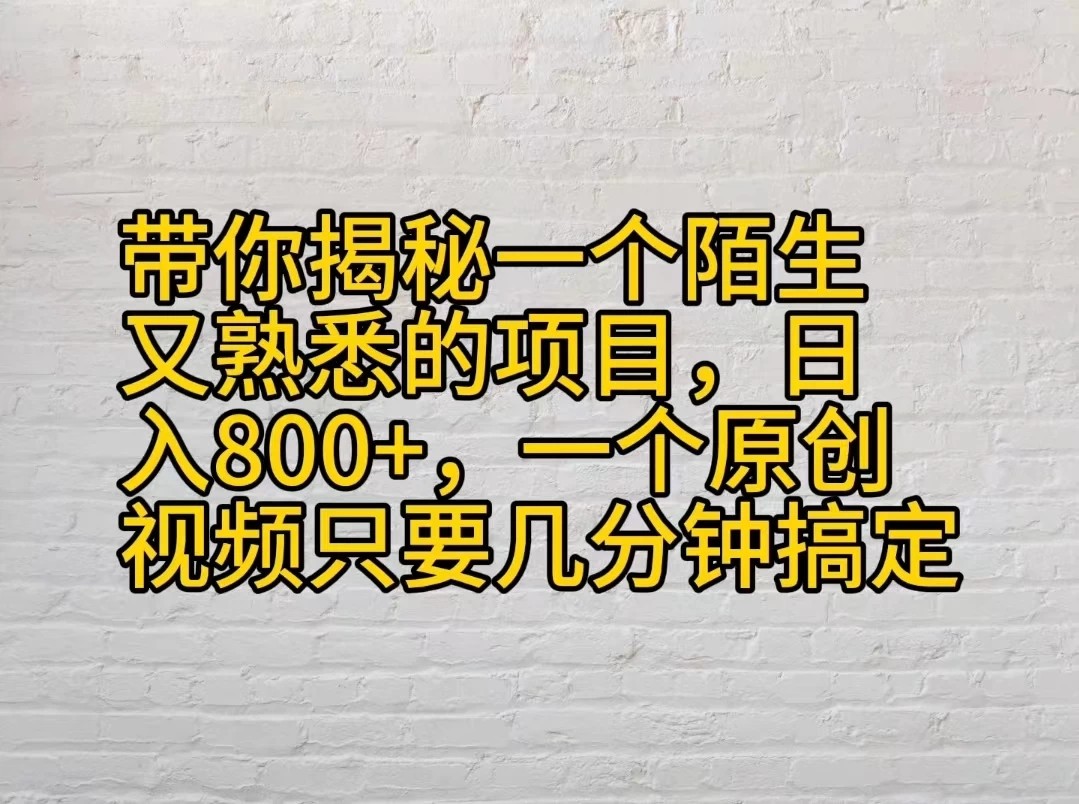 带你揭秘一个陌生又熟悉的项目，日入800+，一个原创视频只要几分钟搞定-就去找资源网