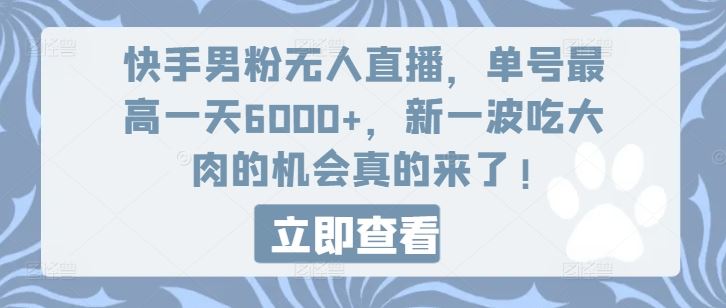快手男粉无人直播，单号最高一天6000+，新一波吃大肉的机会真的来了-就去找资源网
